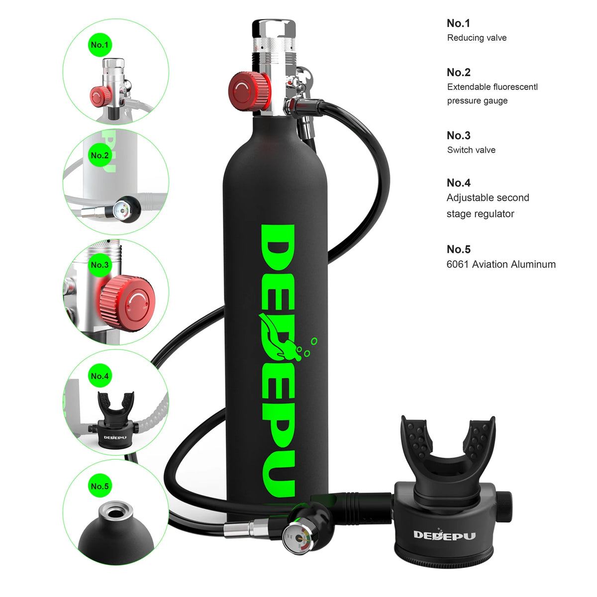 DEDEPU Portable Mini Diving 1L Cylinder Aluminum Alloy and Silicone Tank 20 Minutes of Usage with Diving Mask Snorkel + Bag