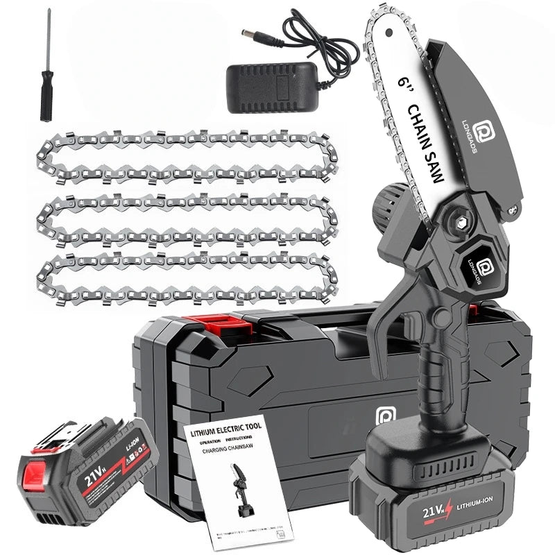 6-Inch Mini Chainsaw, Adjustable Chain, Safety Lock, Equipped with Rechargeable Battery, Chain And Storage Box, Suitable for Quick Pruning of Tree Branches in Homes And Gardens, Men'S Pruning Gift Fallen Tree Removal