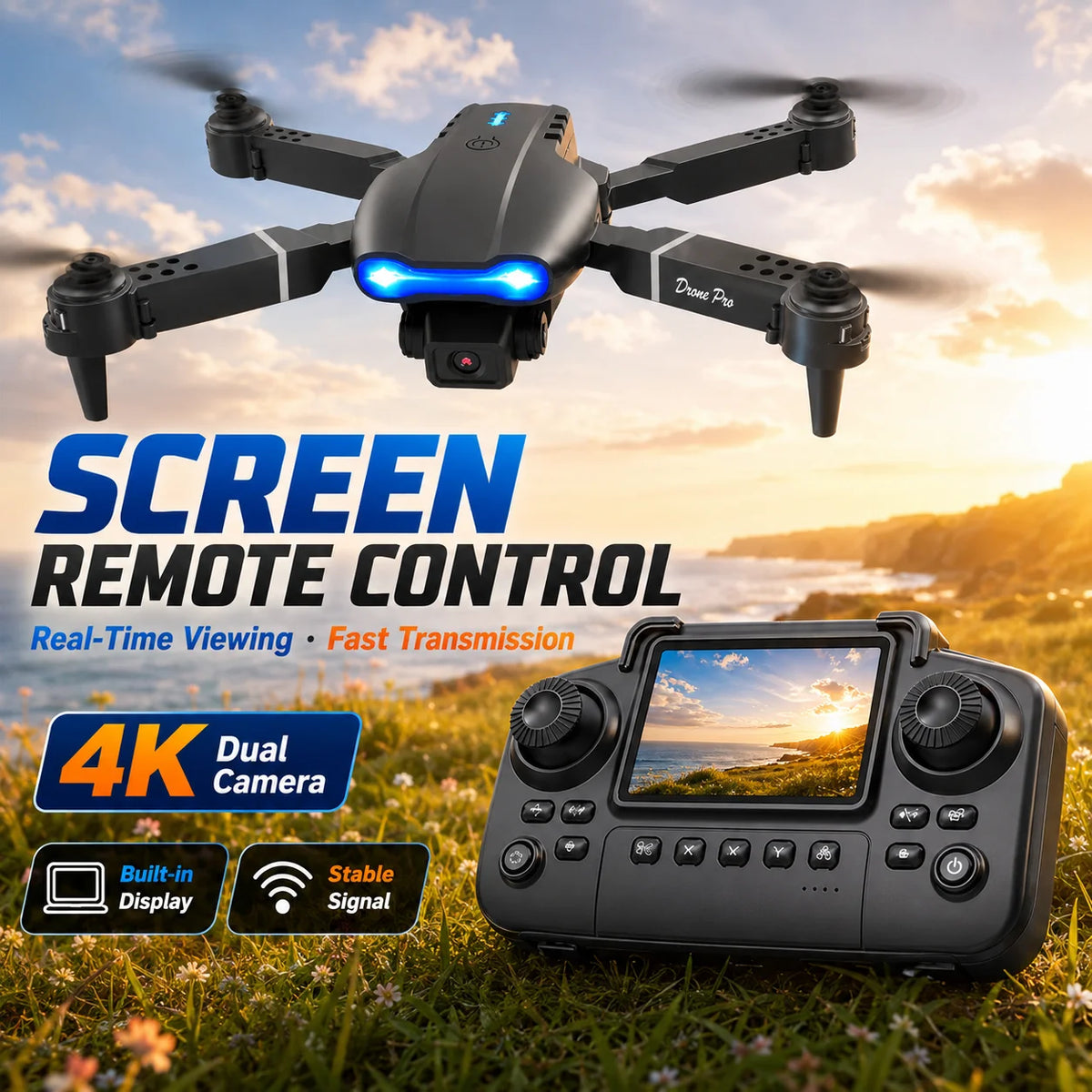 RC Quadcopter Brushless Motor One Key Takeoff Landing Return 360° Rolling Headless Mode Dual Screen Switch LED Light Hobby Drone