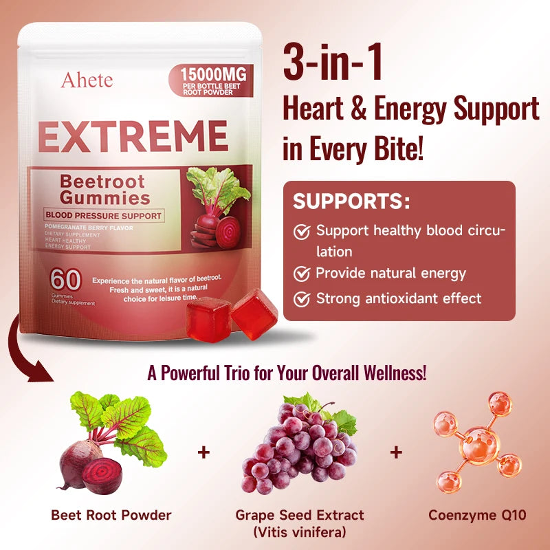 AHETE Beetroot Gummies - Containing beetroot, grape seeds and coenzyme Q10, they support heart and blood pressure health.