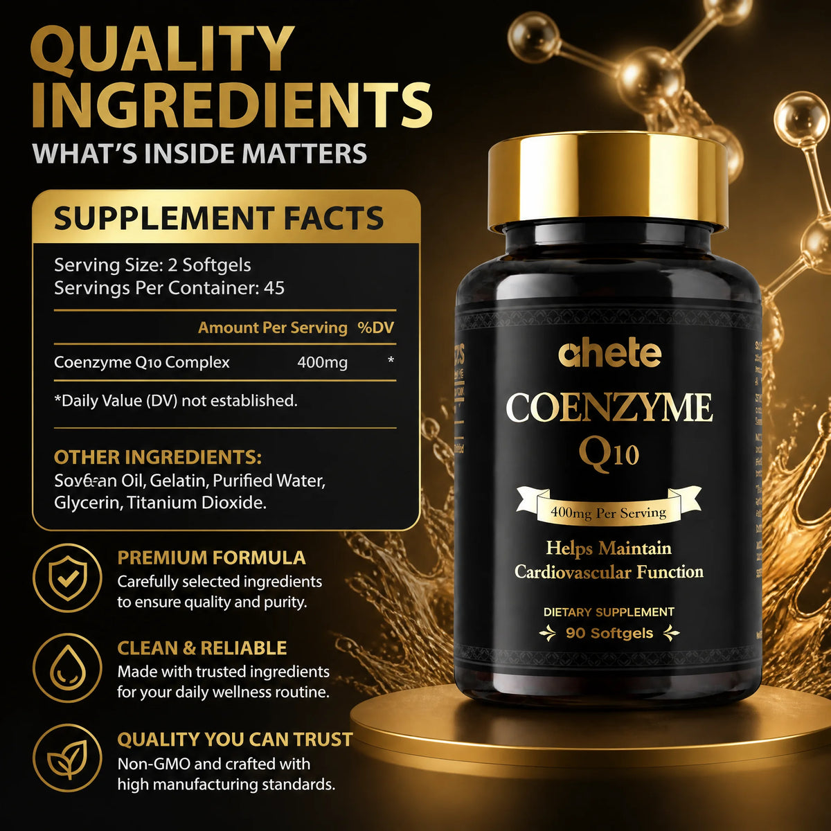 Ahete GMP Grade CoQ10 400mg Softgels X 90 per Bottle 7-Pack Antioxidant & Cardiovascular Health Supplement