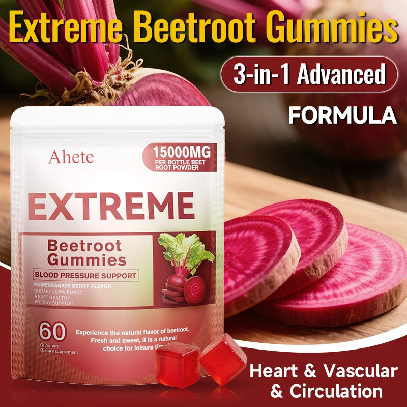 AHETE Beetroot Gummies - Containing beetroot, grape seeds and coenzyme Q10, they support heart and blood pressure health.