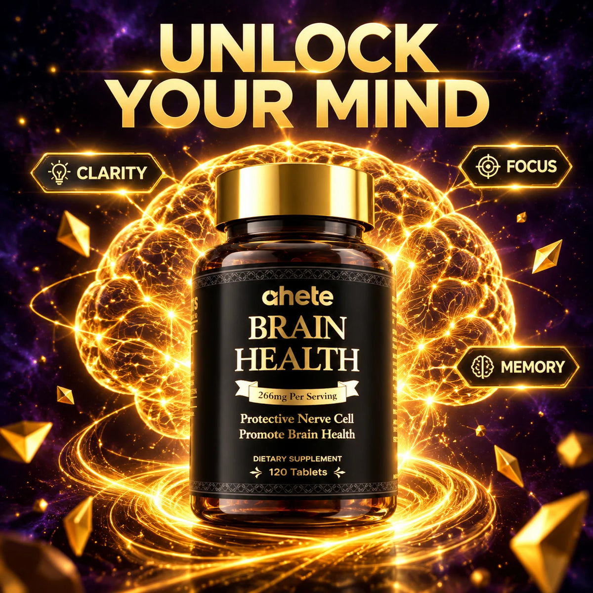 Ahete Brain Health Supplement 266mg - 6 Bottles Set with 120 Tablets， Support for Focus Memory Cognitive