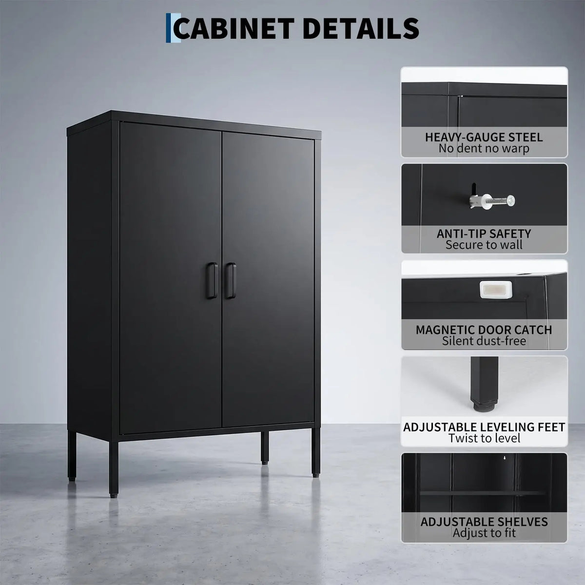 40 Inch Metal Storage Cabinet With 2 Doors, 3 Tier Steel Locker With Adjustable Shelves And Raised Legs For Office Garage Home