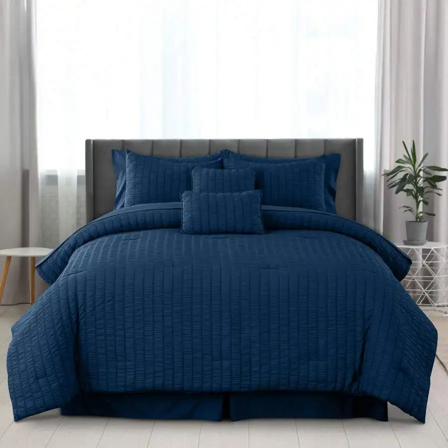 Lux Decor 8/10-Piece Down Alternative Seersucker Comforter Set, Soft Lightweight Breathable Bedding With Comforter, Sheets And Pillowcases, Comfortable All-Season Hotel Style Bed Set For Bedroom, Guest Room And Dorm