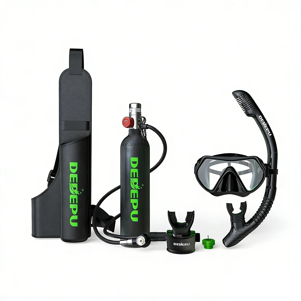 DEDEPU Portable Mini Diving 1L Cylinder Aluminum Alloy and Silicone Tank 20 Minutes of Usage with Diving Mask Snorkel + Bag