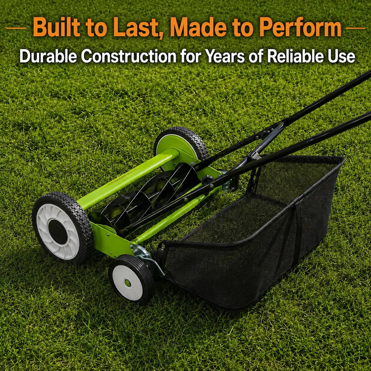 18 Inch Push Reel Lawn Mower, 4 Wheel Manual Grass Cutter With 5 Blade Carbon Steel System, Adjustable Height For Yard Garden
