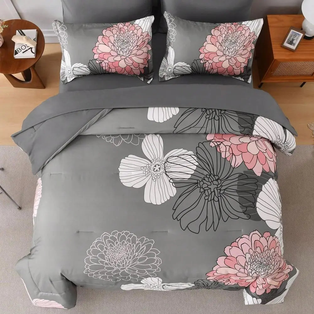 7pcs Comforter Sets Black Grey Floral Pattern Printed Queen King Size , Soft Microfiber Bed In A Bag 1 Comforter, 2 Pillow Sham
