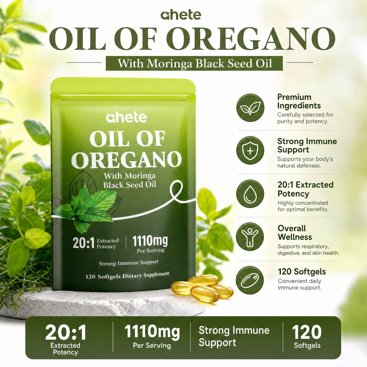 7 packages, Ahete Oregano Oil Softgels - Natural Herbal Power Formula, Seasonal Health Support, Antioxidant Support