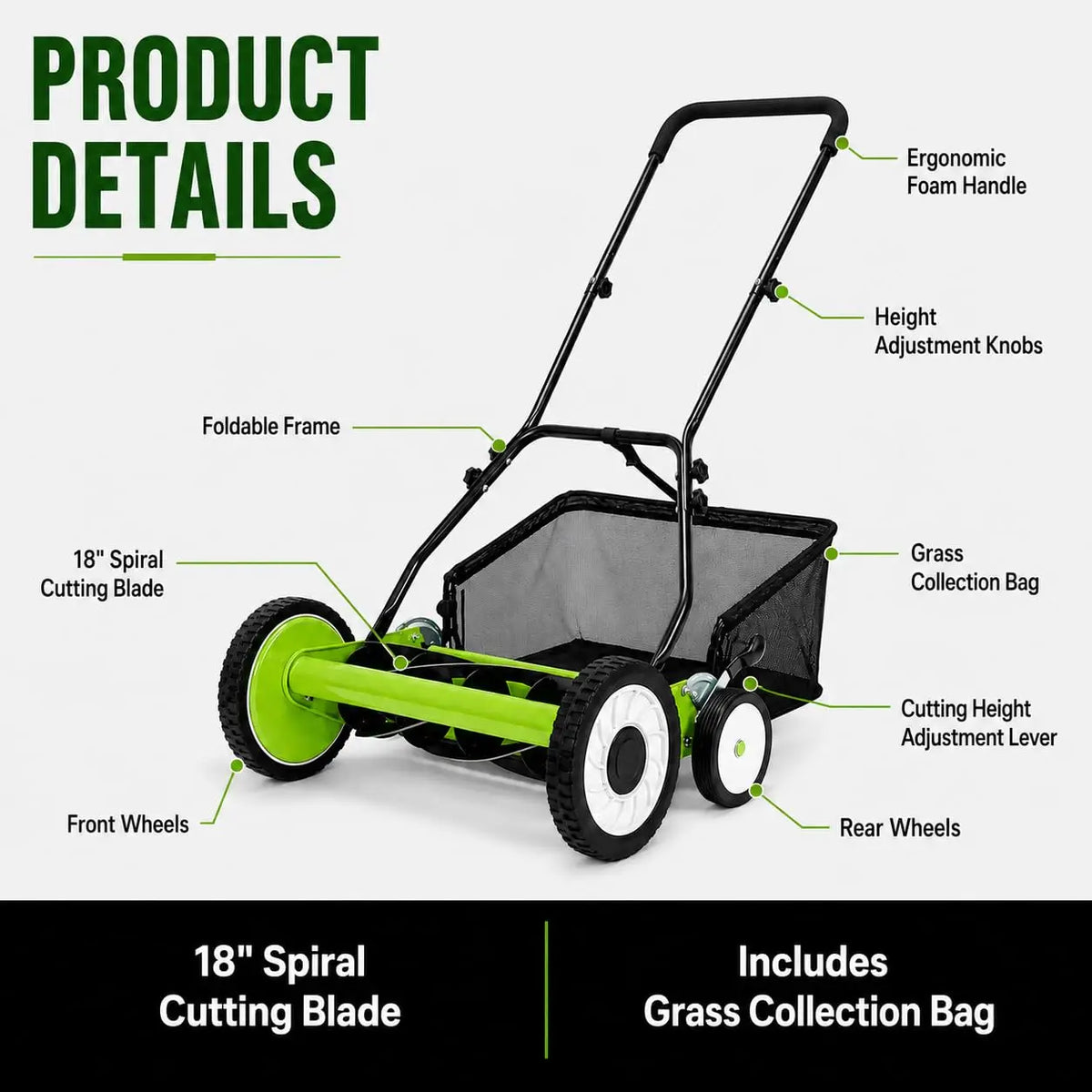 18 Inch Push Reel Lawn Mower, 4 Wheel Manual Grass Cutter With 5 Blade Carbon Steel System, Adjustable Height For Yard Garden