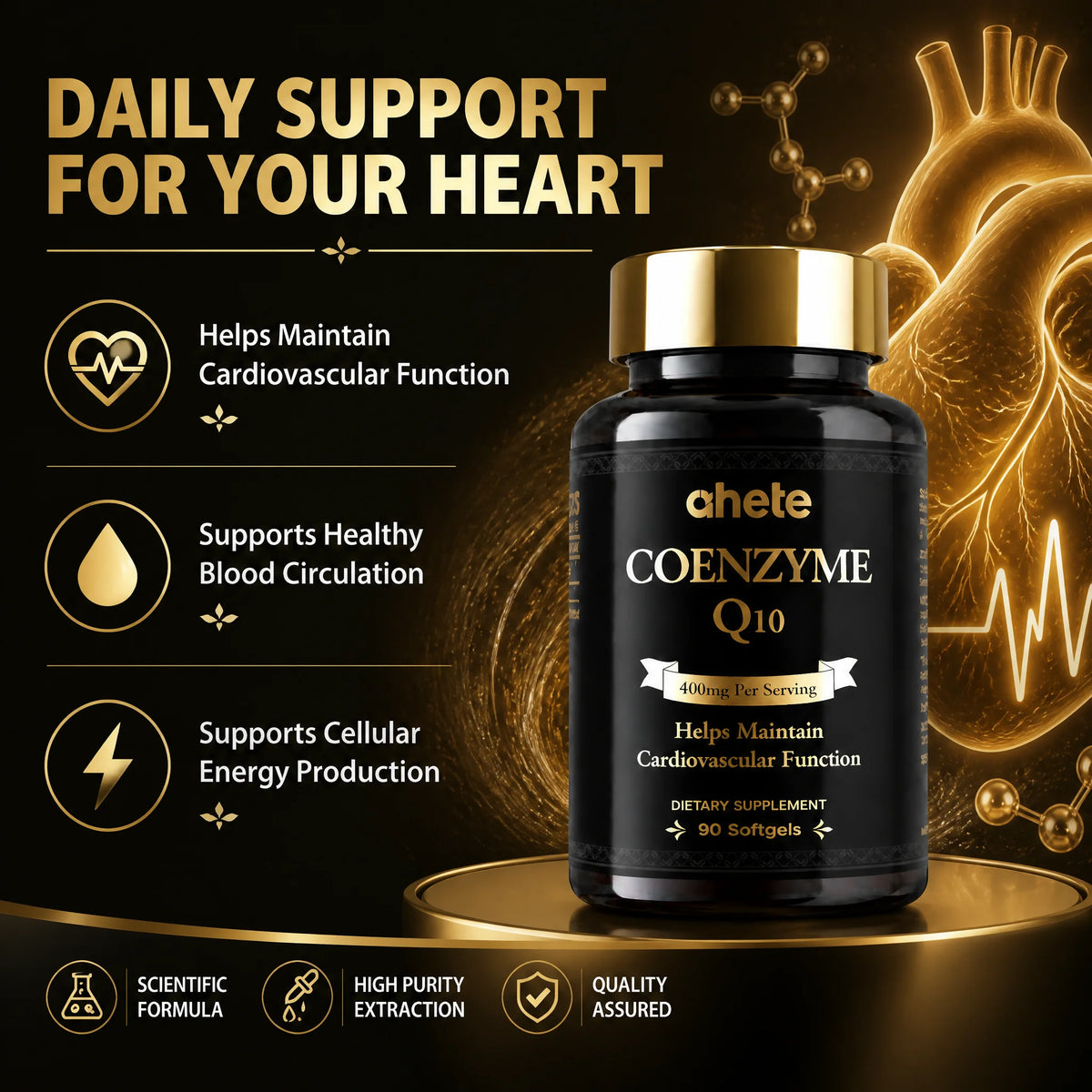 Ahete High Potency Coenzyme Q10 400mg Softgels X 90 Capsules per Bottle (6 Bottles) Heart Health & Daily Energy Support Suppleme