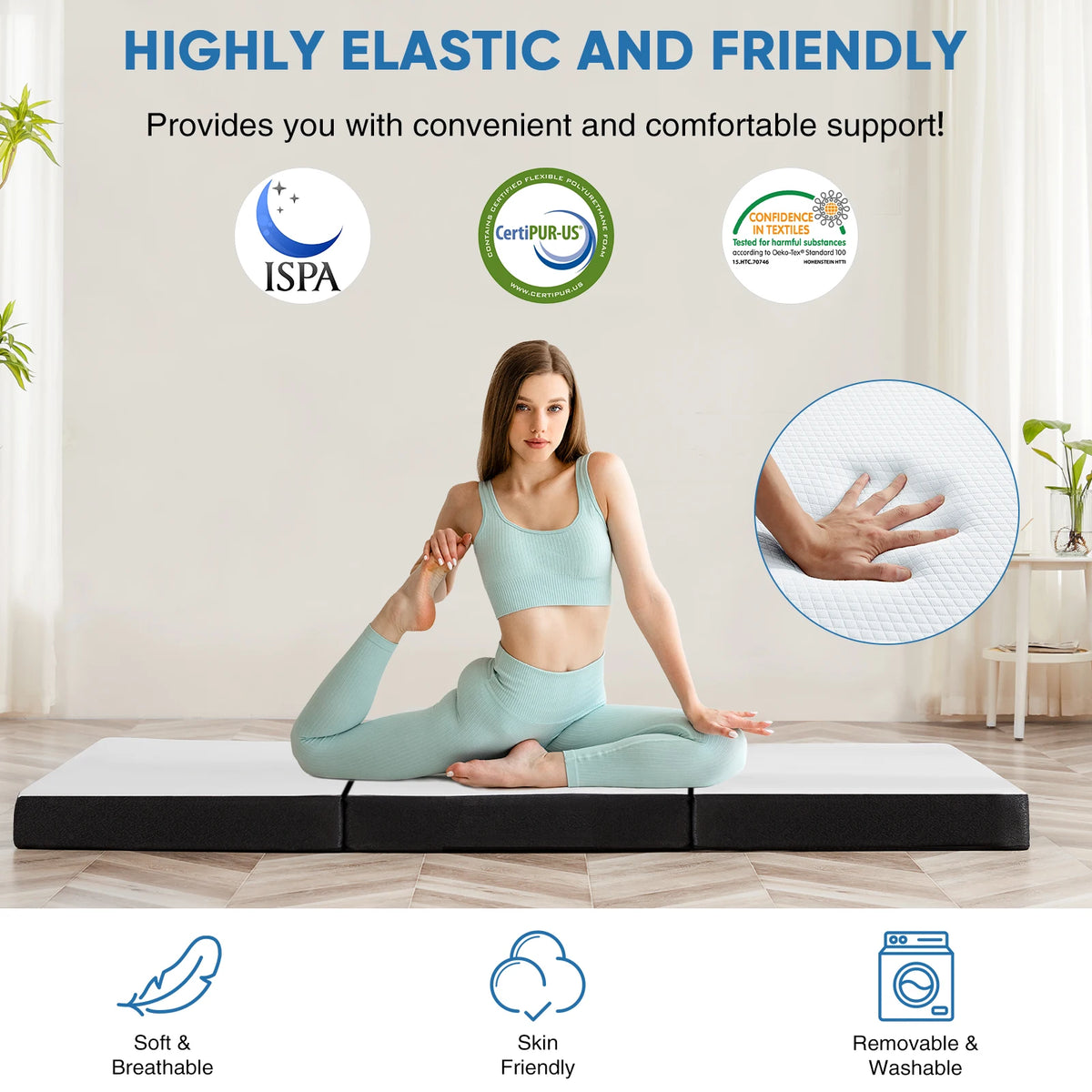 MCQ Foldable Tri-fold Mattress 3 Inch Portable Soft Bed Pad Collapsible and Washable Cover with CertiPUR-US Certified for Home