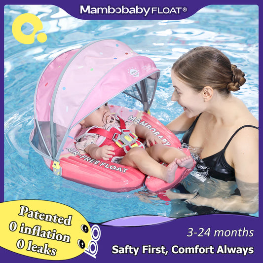Mambobaby Baby Pool Float with Canopy & Tile Baby Swim Ring Infant Swimming Trainer Circle With Adjustable Strap for Boys Girls