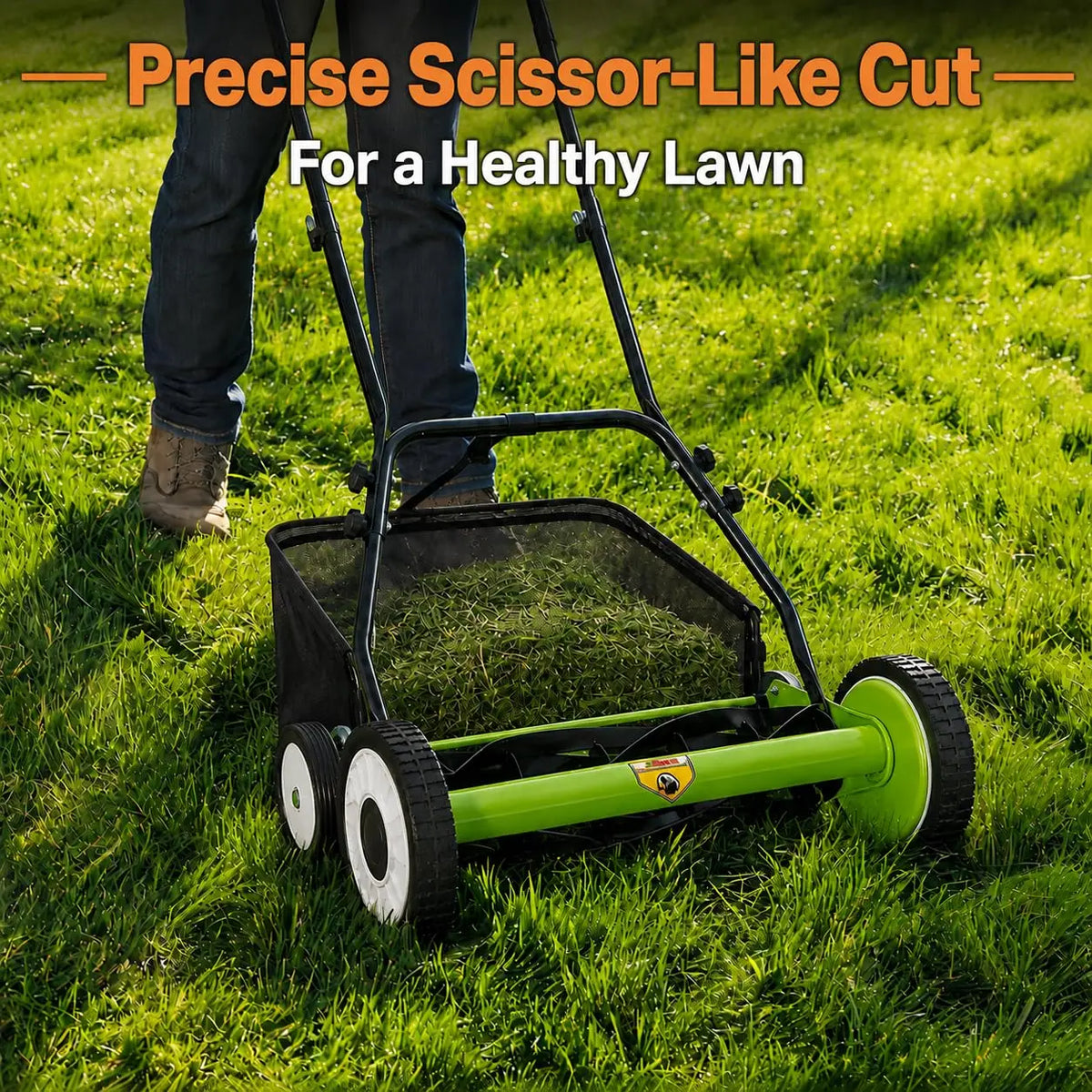 18 Inch Push Reel Lawn Mower, 4 Wheel Manual Grass Cutter With 5 Blade Carbon Steel System, Adjustable Height For Yard Garden