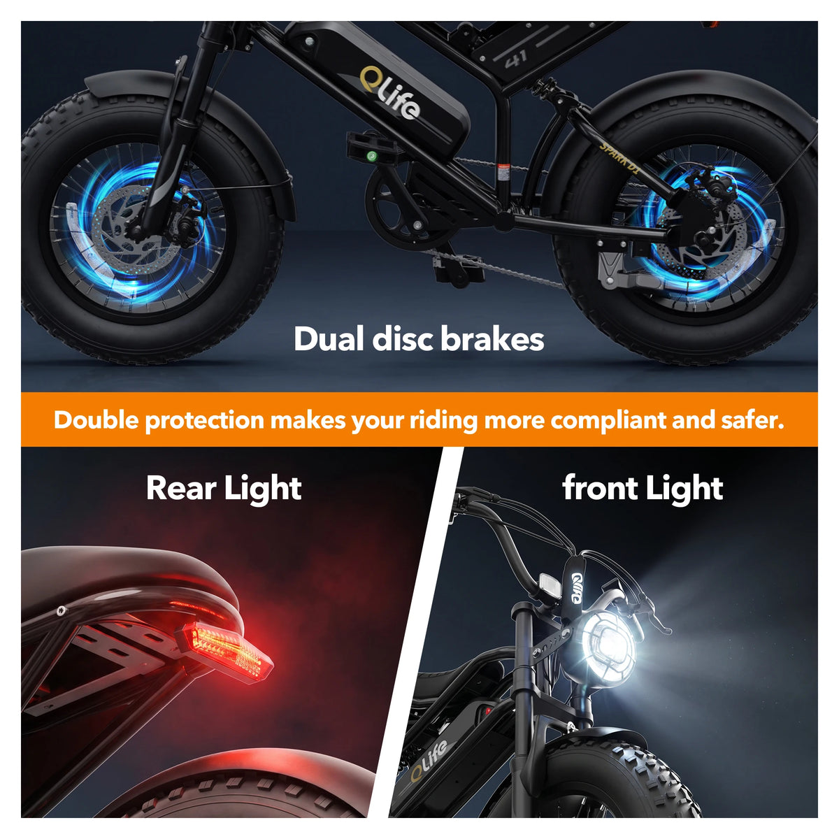 Qlife Spark D1 Electric Bike for Adults, 1500W Peak Motor 48V 10.4 Ah, 16" Fat Tires Electric Mountain Bike, 25 MPH 50Mi Range Off-Road Ebike with Full Suspension