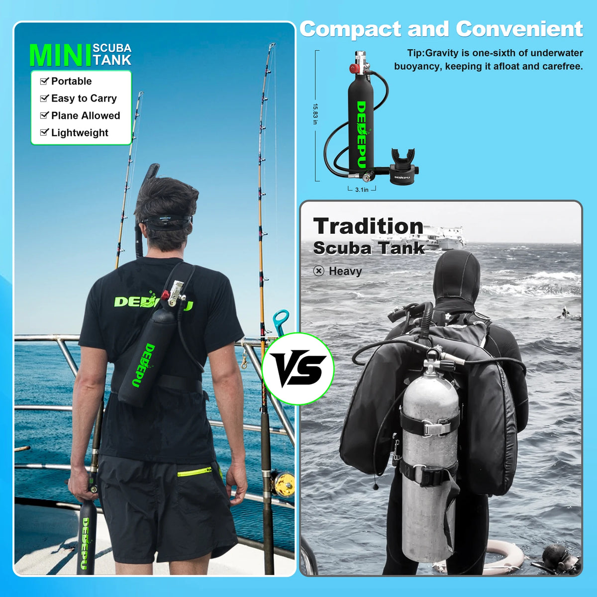 DEDEPU Portable Mini Diving 1L Cylinder Aluminum Alloy and Silicone Tank 20 Minutes of Usage with Diving Mask Snorkel + Bag