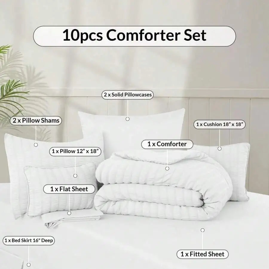 Lux Decor 8/10-Piece Down Alternative Seersucker Comforter Set, Soft Lightweight Breathable Bedding With Comforter, Sheets And Pillowcases, Comfortable All-Season Hotel Style Bed Set For Bedroom, Guest Room And Dorm