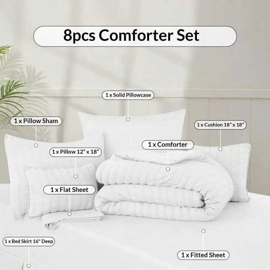 Lux Decor 8/10-Piece Down Alternative Seersucker Comforter Set, Soft Lightweight Breathable Bedding With Comforter, Sheets And Pillowcases, Comfortable All-Season Hotel Style Bed Set For Bedroom, Guest Room And Dorm