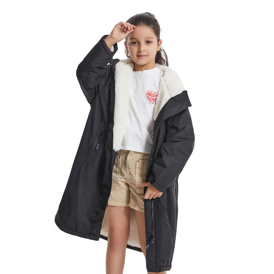 Mutao Children's Fleece-lined Warm Bathrobe, Windproof And Cold-resistant Composite Cape, Suitable For Beach Swimming, Diving, And Surfing; Hooded Design, One Size Fits All