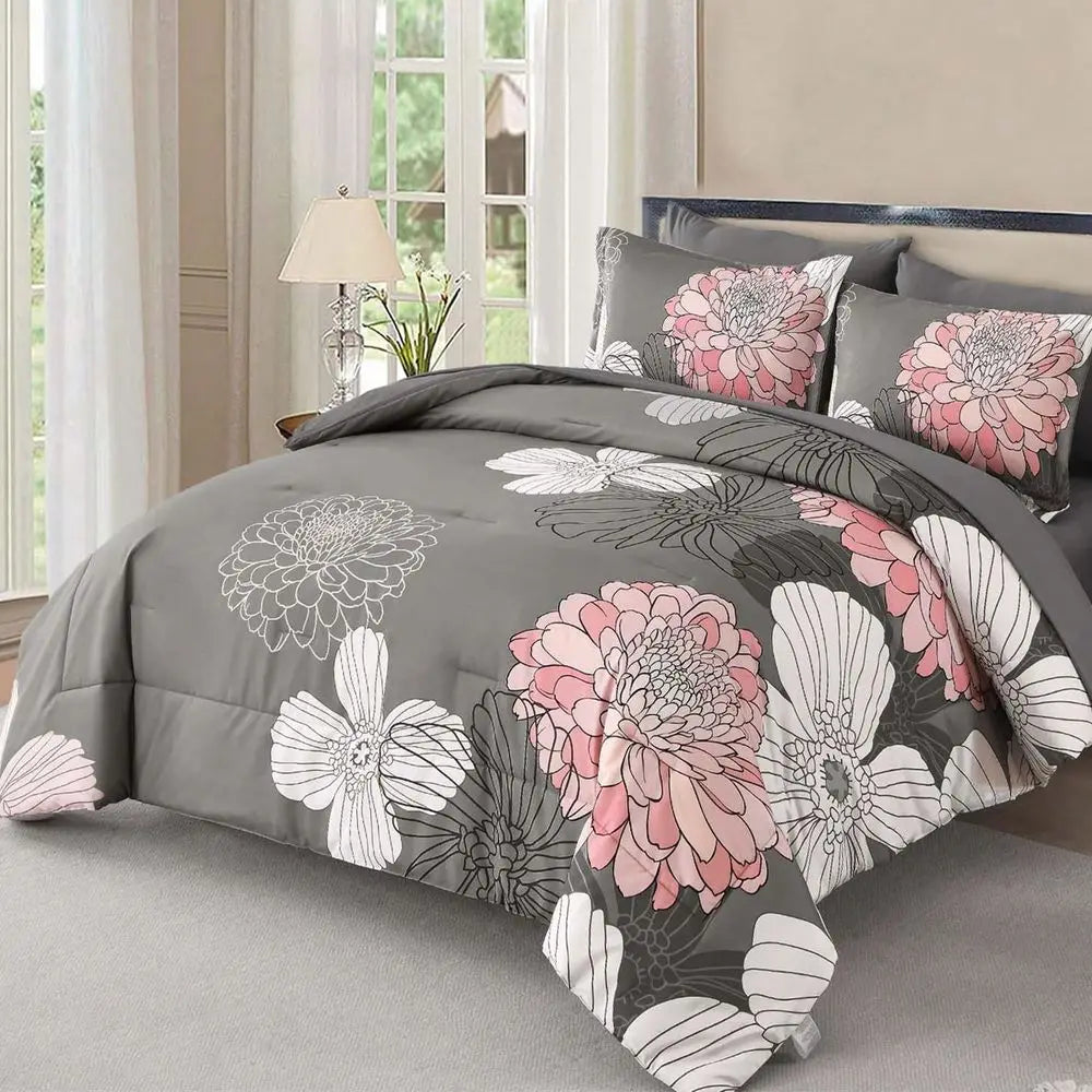 7pcs Comforter Sets Black Grey Floral Pattern Printed Queen King Size , Soft Microfiber Bed In A Bag 1 Comforter, 2 Pillow Sham