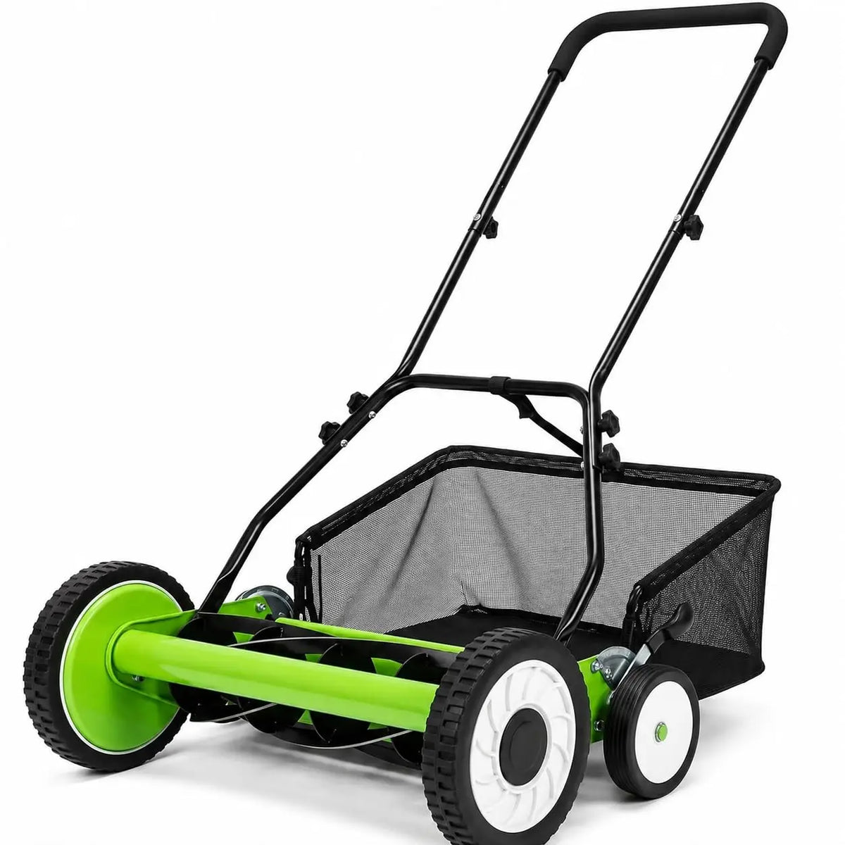 18 Inch Push Reel Lawn Mower, 4 Wheel Manual Grass Cutter With 5 Blade Carbon Steel System, Adjustable Height For Yard Garden