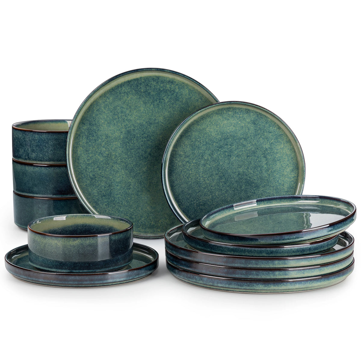 Vancasso 12/24/36 Piece Dinner Set Black Green Reactive Glaze Vertical Edge Dinnerware Set with 4 PCS Dinner Plate/Dessert/Bowl