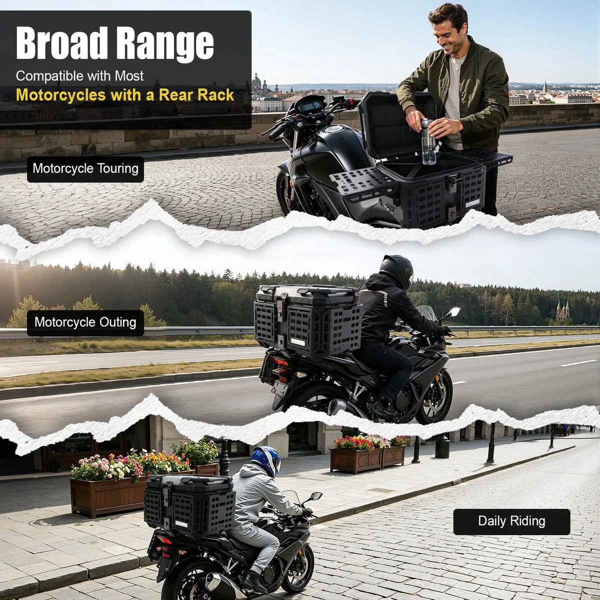 45L Motorcycle Top Case with Foldable Side Plates, Hard Shell Rear Tail Box for Scooter & Moped, Waterproof Storage Trunk with Cushioned Inner Liner, Double Lock System