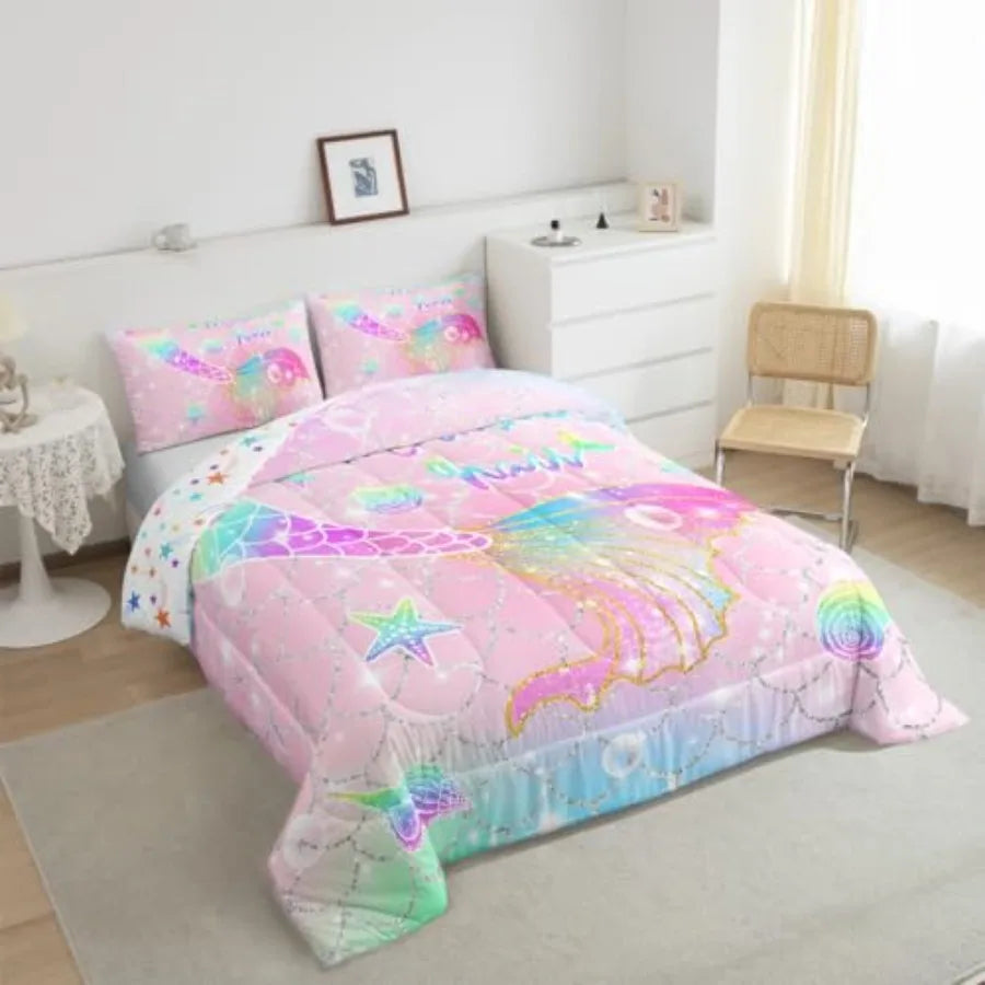 Comforter Set Size for Girls Rainbow Tail Printed Bedding Set Cute Reversible Stars Quilt Bed Set Sparkle Fish Scale Bedroom Gl