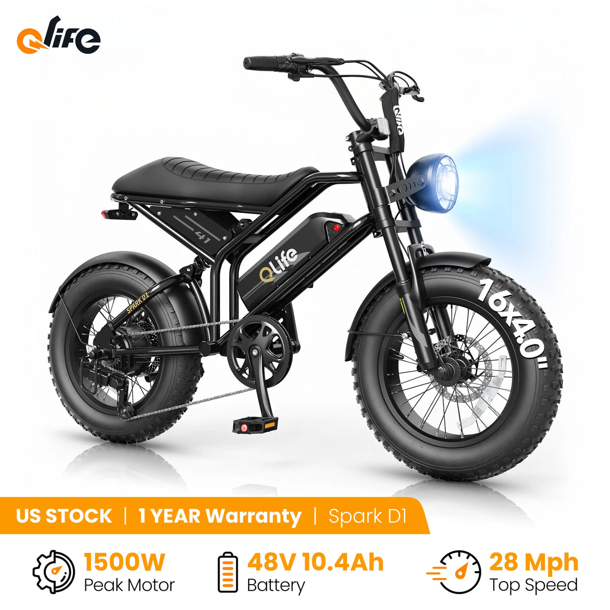 Qlife Spark D1 Electric Bike for Adults, 1500W Peak Motor 48V 10.4 Ah, 16" Fat Tires Electric Mountain Bike, 25 MPH 50Mi Range Off-Road Ebike with Full Suspension