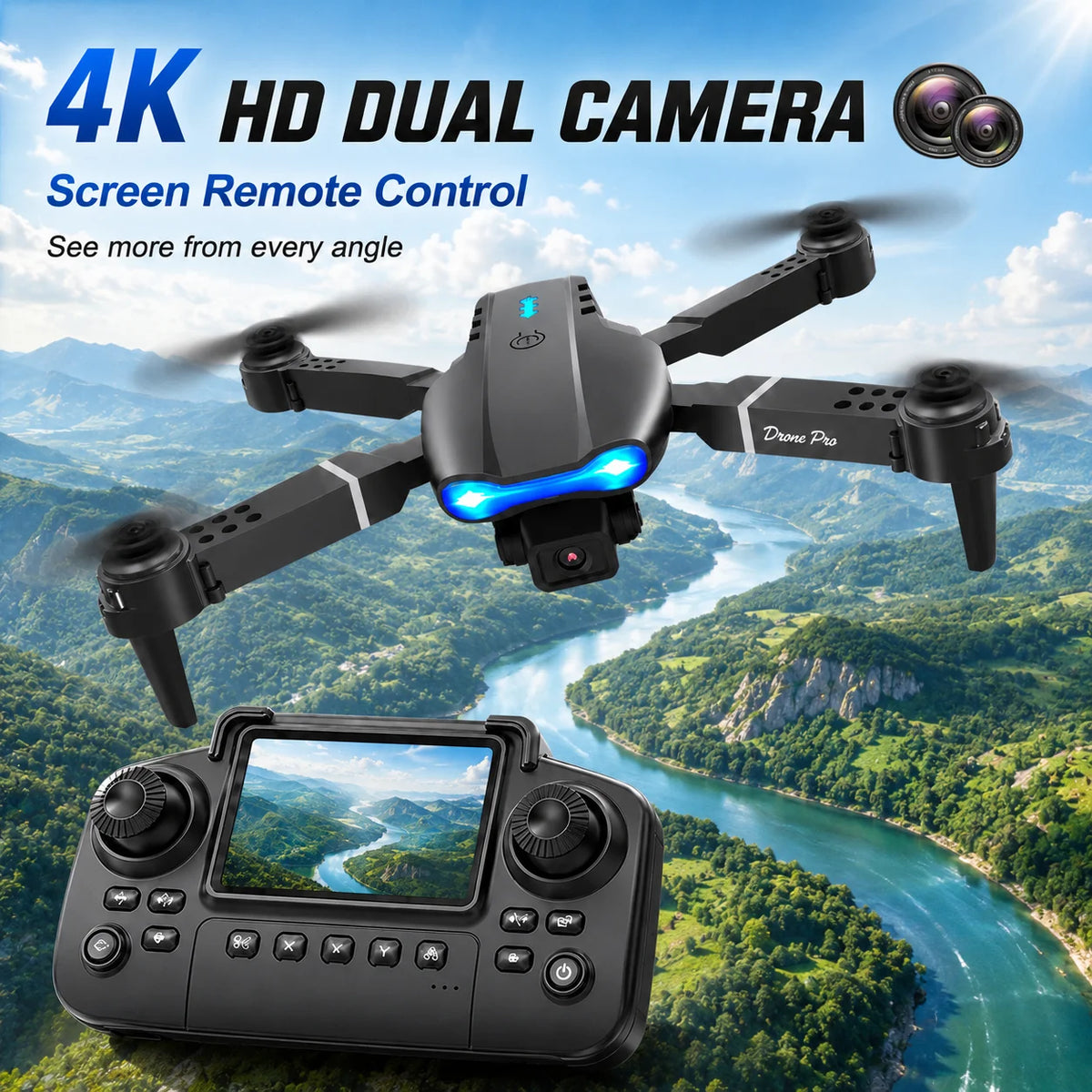 RC Quadcopter Brushless Motor One Key Takeoff Landing Return 360° Rolling Headless Mode Dual Screen Switch LED Light Hobby Drone