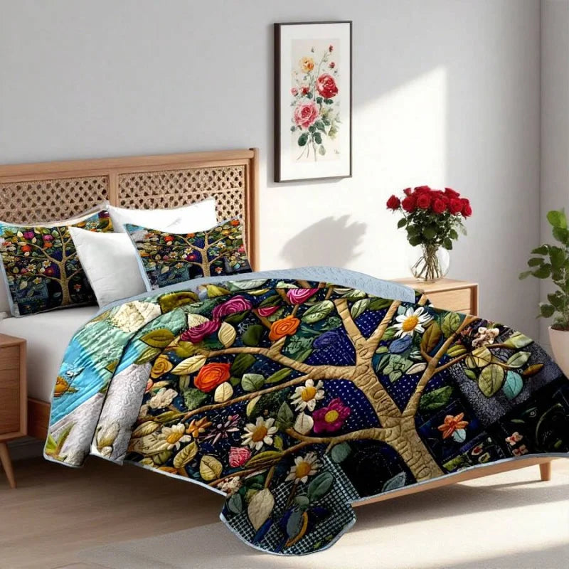 2/3pcs Artistic Tree Print Quilt Set(1 Quilt + 1/2 Pillowcases), Machine Washable Breathable And Durable Summer Bedding Set
