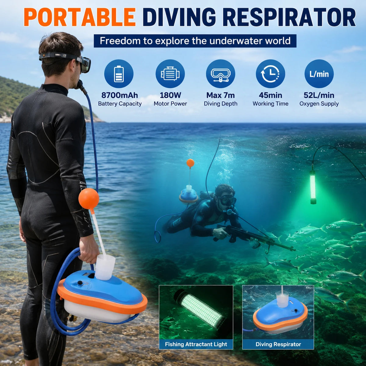 LieYu Waterproof Rechargeable Snorkeling Equipment Portable Tankless Scuba Diving Ventilator Underwater 45min Working 7m Depth Tankless Underwater Breathing System