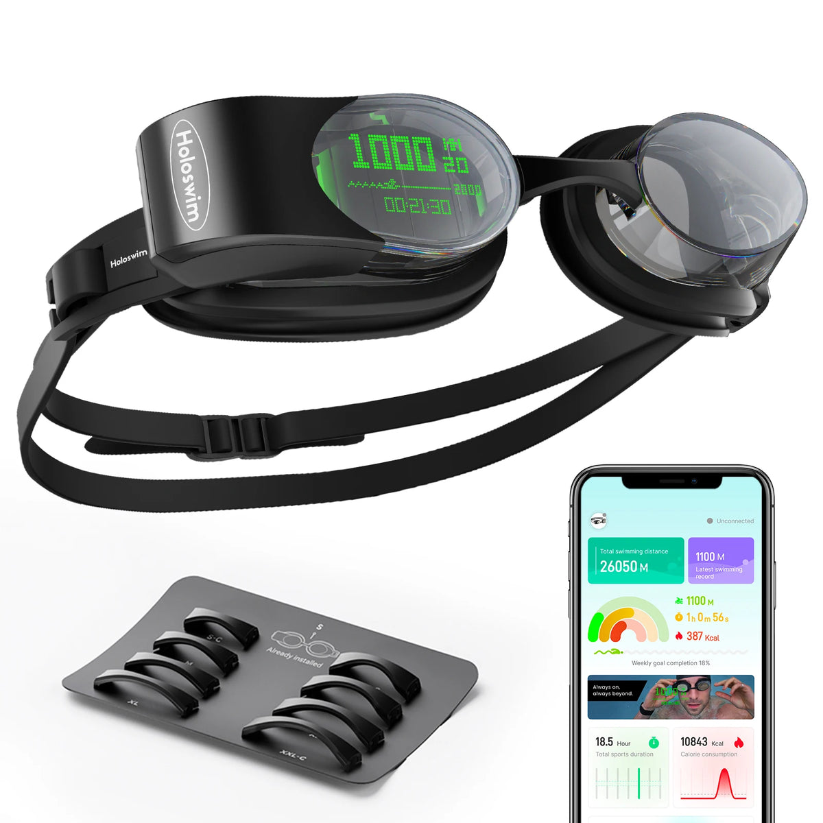 Holoswim Smart Swim Goggles 2PRO, AR Real-Time Display, Data Tracking & Training Plans Swim Goggles, Nano Anti-Fog, IP68 Durability, No APP Subscription Fees, AI Analysis, Wide Compatibility