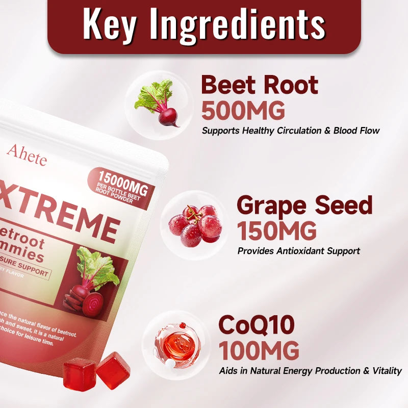 AHETE Beetroot Gummies - Containing beetroot, grape seeds and coenzyme Q10, they support heart and blood pressure health.