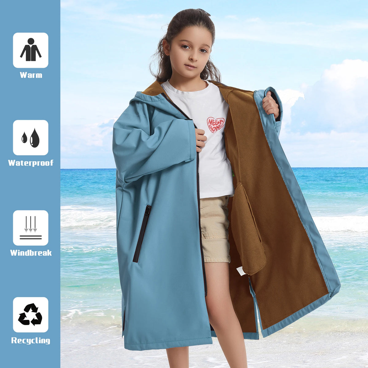 Mutao Children's Waterproof Zipper Cloak, Long-sleeve Windproof And Warm Bathrobe, Ideal For Beach Diving, Wwimming, Surfing, And Other Water Sports—Unisex Size
