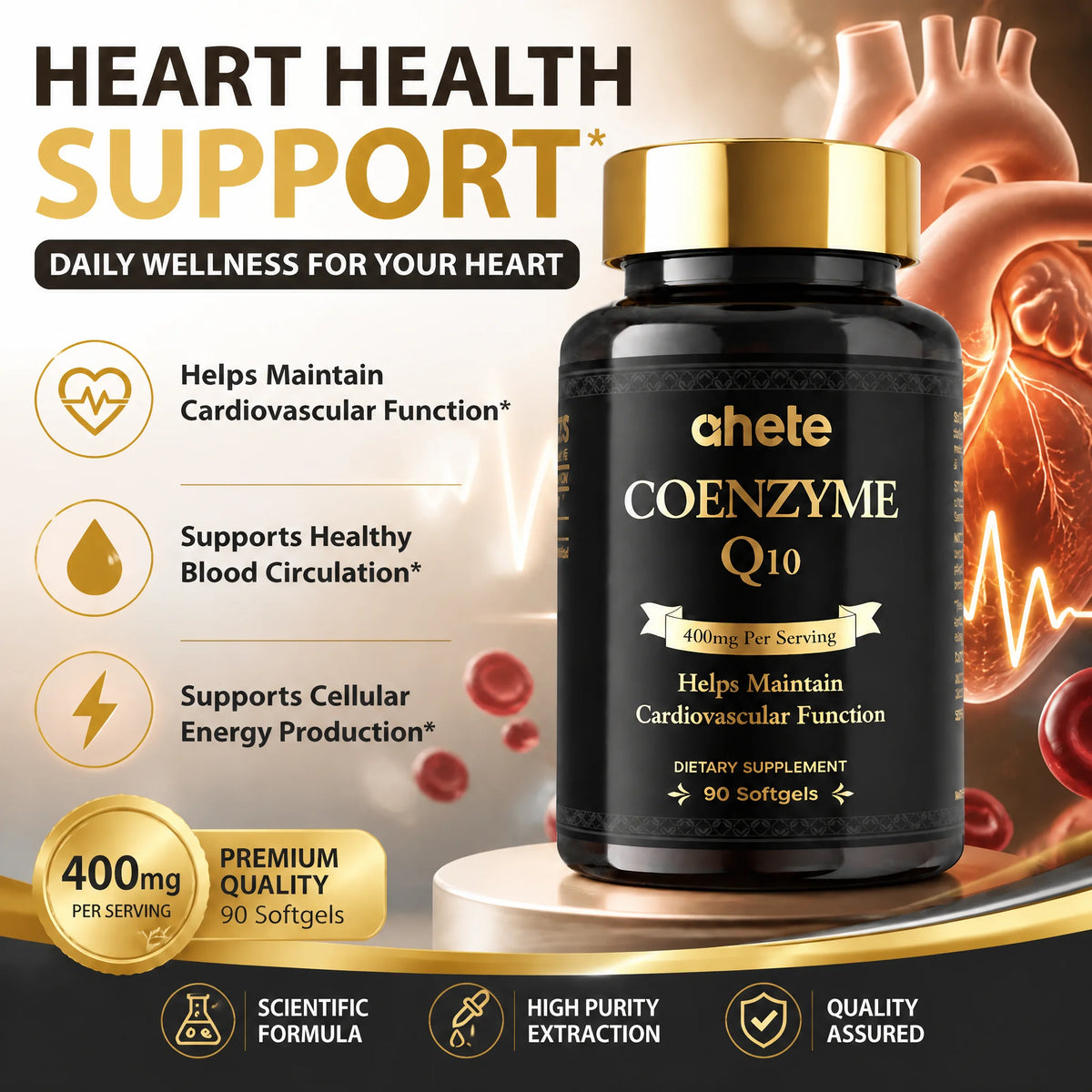 8 Bottles Achete CoQ10 400mg 90 Softgels. Supports Heart Health, Blood Circulation & Energy.