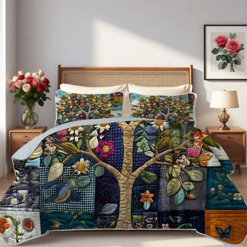 2/3pcs Artistic Tree Print Quilt Set(1 Quilt + 1/2 Pillowcases), Machine Washable Breathable And Durable Summer Bedding Set