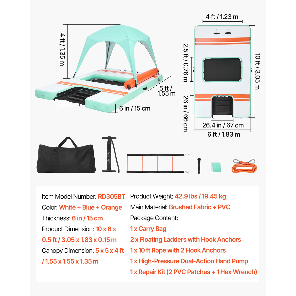 SucceBuy Inflatable Floating Dock Inflatable Dock Platform Non-Slip with Carrying Bag & Ladder Floating Platform Island Raft
