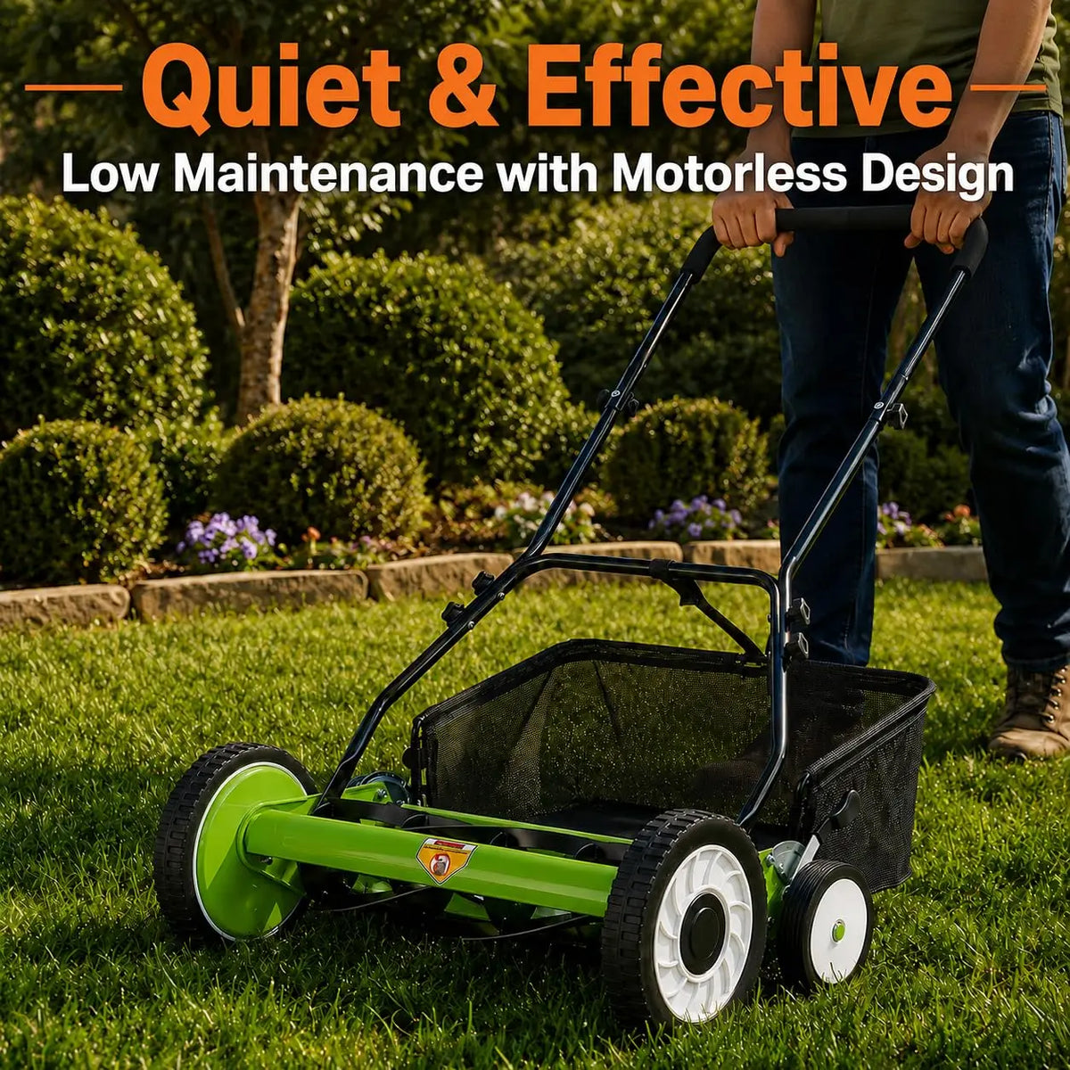 18 Inch Push Reel Lawn Mower, 4 Wheel Manual Grass Cutter With 5 Blade Carbon Steel System, Adjustable Height For Yard Garden