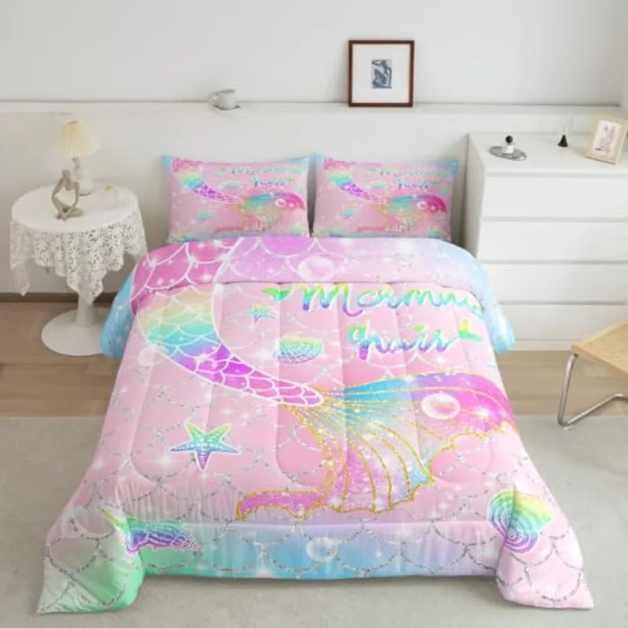 Comforter Set Size for Girls Rainbow Tail Printed Bedding Set Cute Reversible Stars Quilt Bed Set Sparkle Fish Scale Bedroom Gl