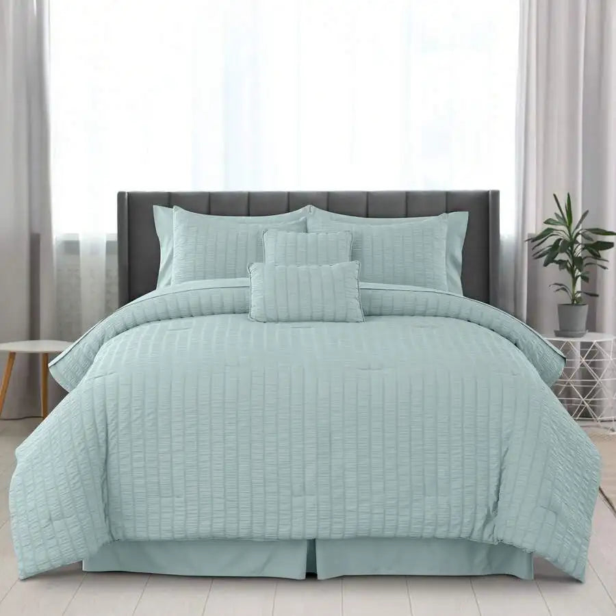 Lux Decor 8/10-Piece Down Alternative Seersucker Comforter Set, Soft Lightweight Breathable Bedding With Comforter, Sheets And Pillowcases, Comfortable All-Season Hotel Style Bed Set For Bedroom, Guest Room And Dorm