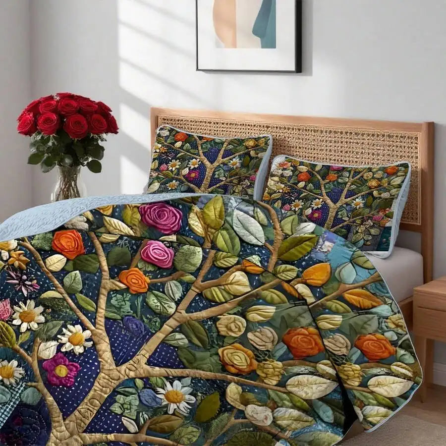2/3pcs Artistic Tree Print Quilt Set(1 Quilt + 1/2 Pillowcases), Machine Washable Breathable And Durable Summer Bedding Set