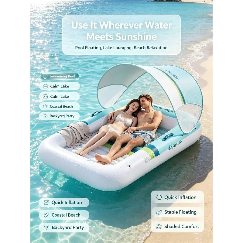 Inflatable Floating Bed 5-Layer Thickened PVC With Removable Sunshade Canopy For Pool Lake Beach Adult Couples