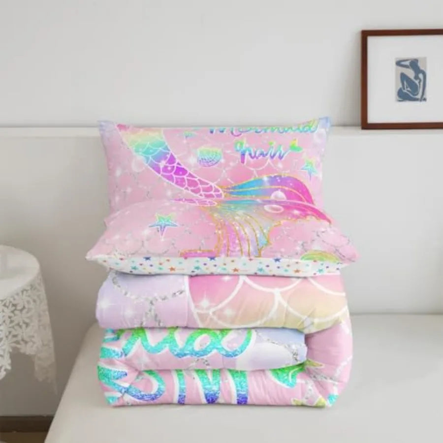 Comforter Set Size for Girls Rainbow Tail Printed Bedding Set Cute Reversible Stars Quilt Bed Set Sparkle Fish Scale Bedroom Gl