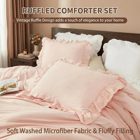 Pink Ruffled Comforter Set – King Size, 3-Piece, Soft Washed Microfiber, Lightweight & Fluffy All-Season Bedding, Vintage French Country Style, 104"x90"